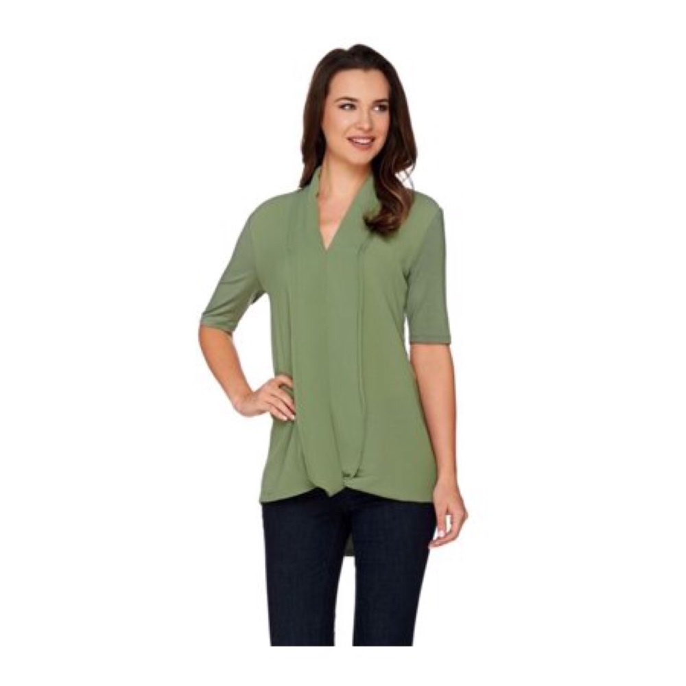 H by Halston Green Knit Top Chiffon Drape Medium